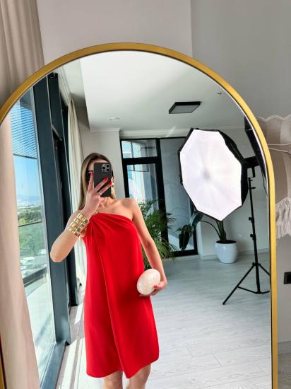 Kırmızı Tek Kol ipekli Krep Kumaş Astarlı Elbise