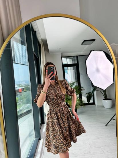 Kahverengi Leopar Desen Tok Saten Kemerli Elbise