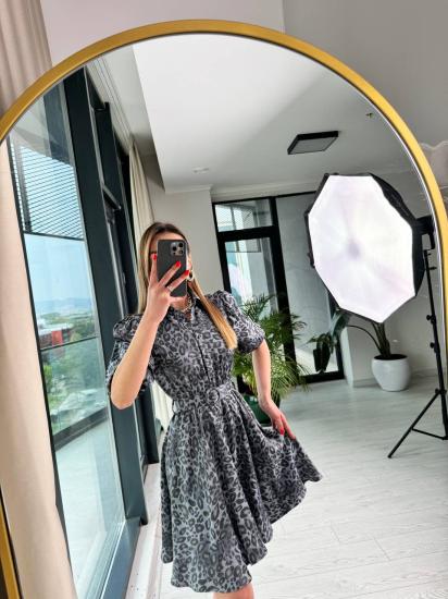 Siyah Gri Leopar Desen Tok Saten Kemerli Elbise