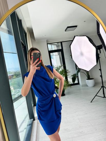 Saks Mavi Etek Detay Degaje Yaka Tok Krep Elbise