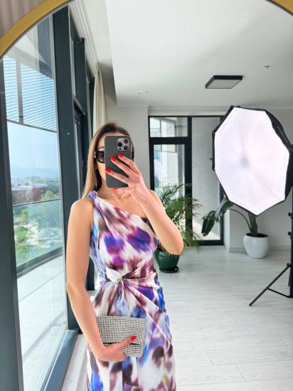 Mor Desenli Tek Kol Saten Tasarım Maria Elbise