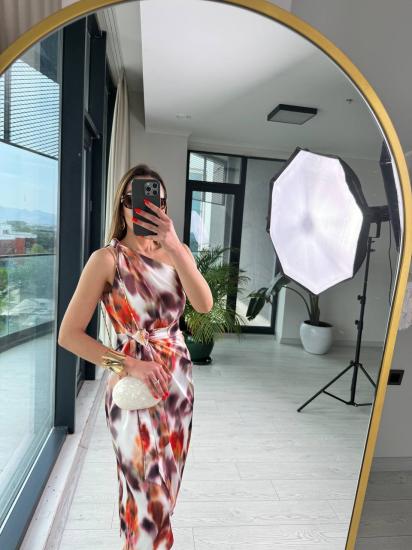 Orange Desenli Tek Kol Saten Tasarım Maria Elbise