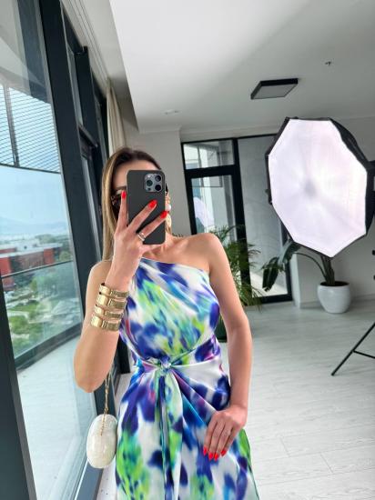 Mavi Desenli Tek Kol Saten Tasarım Maria Elbise