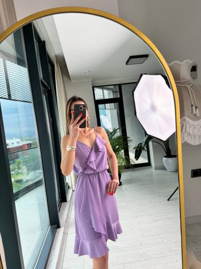 Lila Tensel Kumaş Volan Detaylı Askılı Elbise