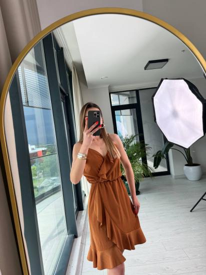 Kiremit Tensel Kumaş Volan Detaylı Askılı Elbise