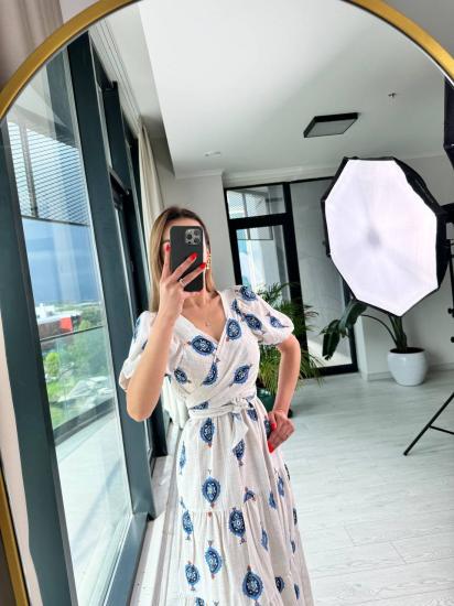 Mavi Desenli Yaka Bağlama Detaylı Keten Elbise