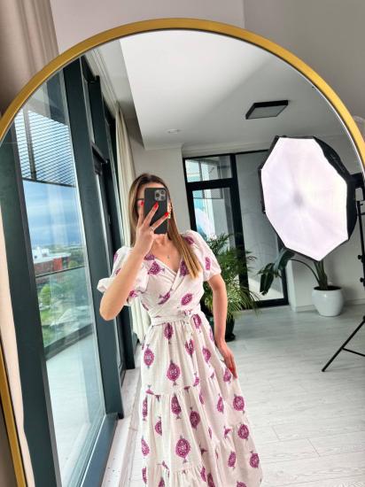 Pembe Desenli Yaka Bağlama Detaylı Keten Elbise