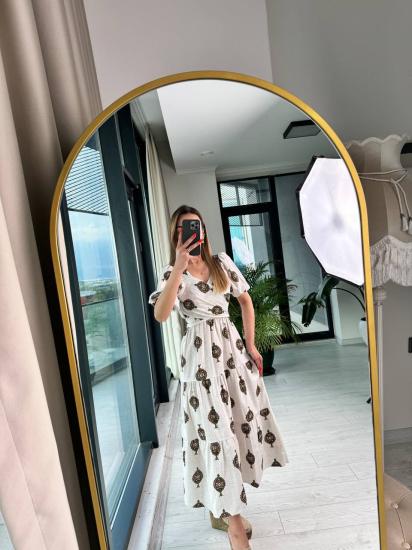 Kahve Desenli Yaka Bağlama Detaylı Keten Elbise