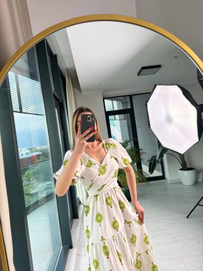 Yeşil Desenli Yaka Bağlama Detaylı Keten Elbise