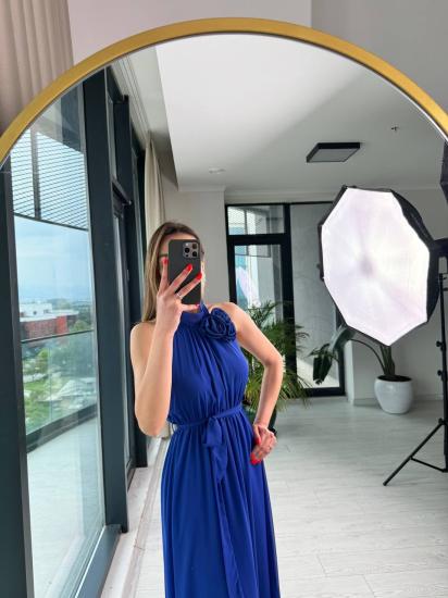 Saks Astarlı Gül Broşlu Rose Elbise