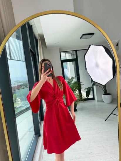 Kırmızı Düğüm Detaylı Tok Saten Elbise