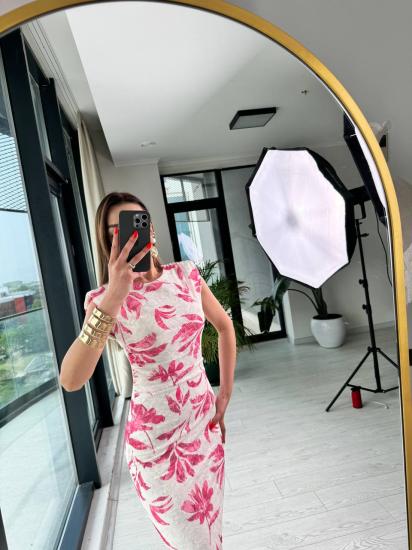 Pembe Desenli Astarlı Pamuklu Kumaş Kalem Elbise