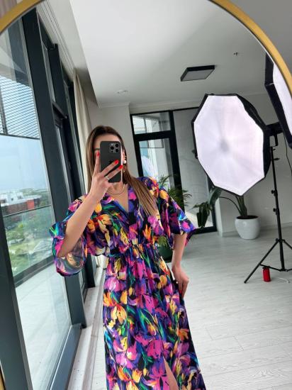 Mor Desenli Kruvaze Yaka Pamuklu Viskon Elbise