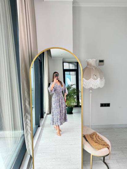 Mavi Krem Desenli Kruvaze Yaka Pamuklu Viskon Elbise