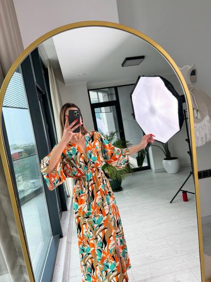 Orange Turkuaz Desenli Kruvaze Yaka Pamuklu Viskon Elbise