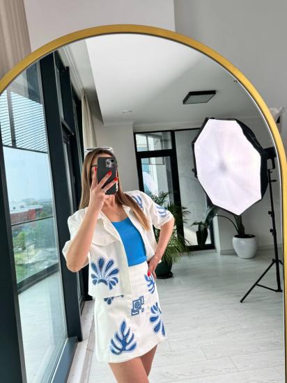 %100 Pamuk Keten Gabardin Mavi Nakışlı Premium Şort Etek Ceket Takım