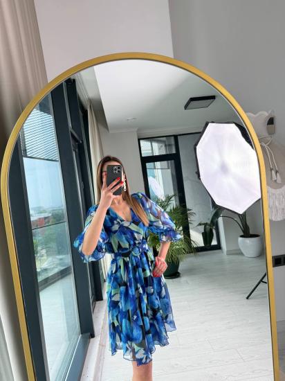 Mavi Desenli Kemerli Astarlı ipekli şifon Elbise