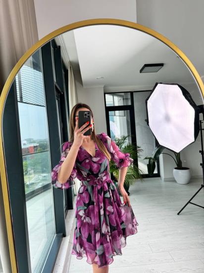 Mor Desenli Kemerli Astarlı ipekli şifon Elbise