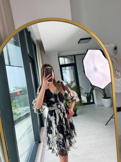 Siyah Desenli Kemerli Astarlı ipekli şifon Elbise