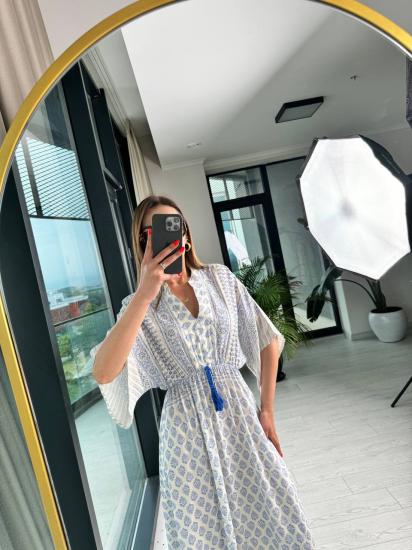 Mavi Desenli Beli Lastikli Yarasa Kol Pamuklu Viskon Elbise