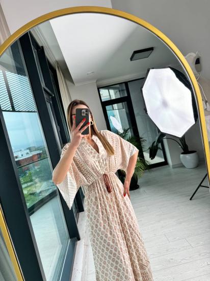 Kahverengi Desenli Beli Lastikli Yarasa Kol Pamuklu Viskon Elbise