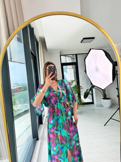 Yeşil Orkide Desenli Kruvaze Yaka Pamuklu Viskon Kumaş Elbise