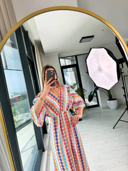 Halka Desenli Kruvaze Yaka Pamuklu Viskon Kumaş Elbise