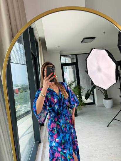 Mavi Orkide Desenli Kruvaze Yaka Pamuklu Viskon Kumaş Elbise