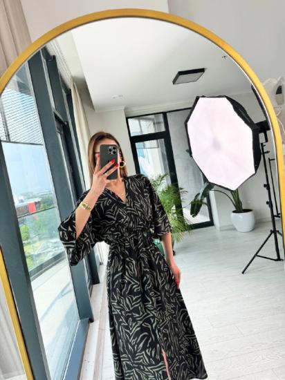 Siyah Yeşil Desenli Kruvaze Yaka Pamuklu Viskon Kumaş Elbise