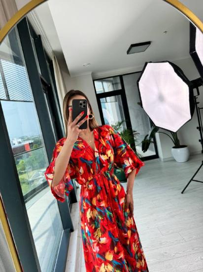 Kırmızı Orkide Desenli Kruvaze Yaka Pamuklu Viskon Kumaş Elbise