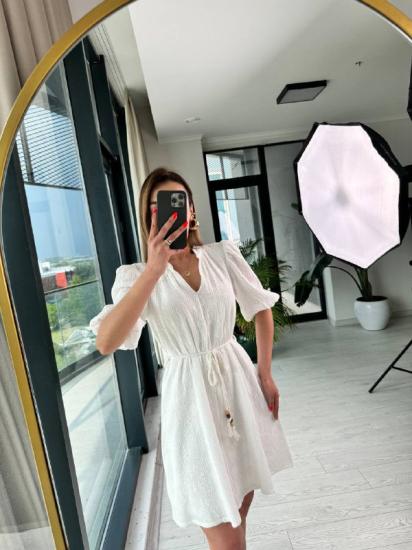 Beyaz Tok Kumaş Fisto Detaylı Astarlı Elbise