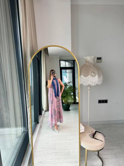 Açık Pembe indigo Boyun Bağlamalı Astarlı şifon Elbise