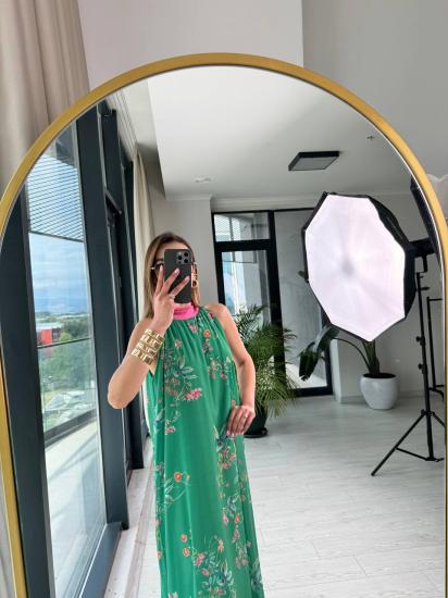 Yeşil Fuşya Boyun Bağlamalı Astarlı şifon Elbise