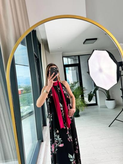 Siyah Fuşya Boyun Bağlamalı Astarlı şifon Elbise