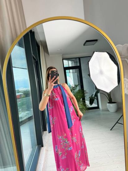 Fuşya İndigo Boyun Bağlamalı Astarlı şifon Elbise