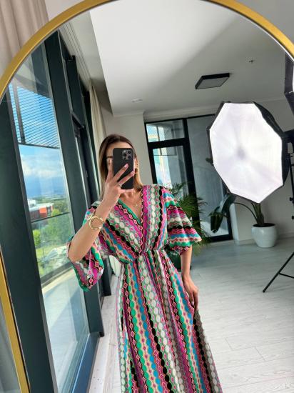 Pembe Halka Desenli Kruvaze Yaka Pamuklu Viskon Kumaş Elbise