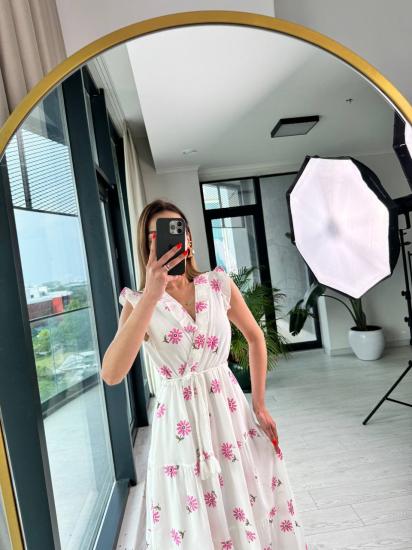 Pembe Desenli Pamuklu Keten Astarlı Kolsuz Elbise