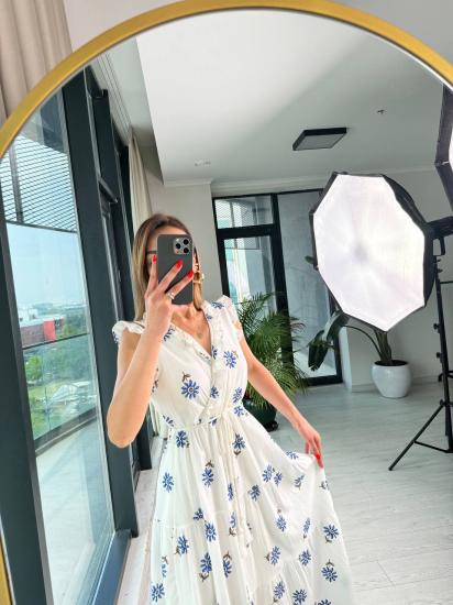 Mavi Desenli Pamuklu Keten Astarlı Kolsuz Elbise