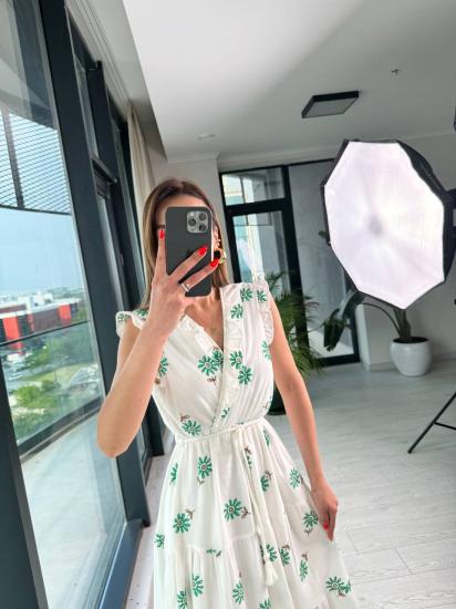 Yeşil Desenli Pamuklu Keten Astarlı Kolsuz Elbise