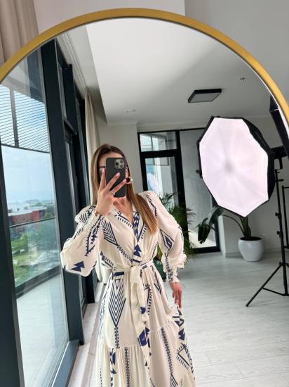 Ekru Mavi Desenli Kruvaze Yaka Cepli Pamuk Viskon Elbise