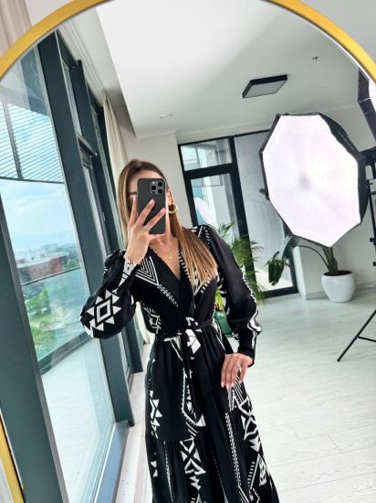 Siyah Beyaz Desenli Kruvaze Yaka Cepli Pamuk Viskon Elbise