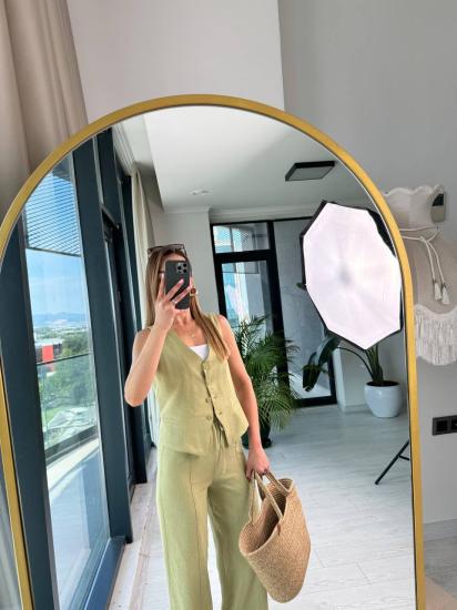 Yeşil %100 Pamuk Keten Pantolon Yelek Takım