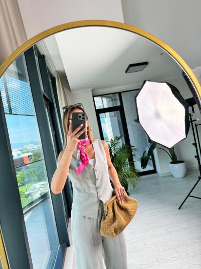 Gri %100 Pamuk Keten Pantolon Yelek Takım