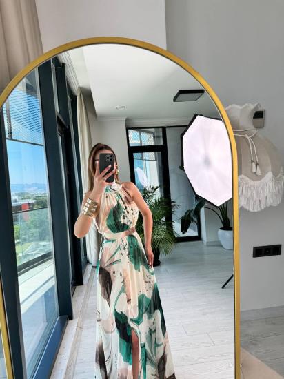 Şifon Desenli Astarlı Halter Yaka Elbise