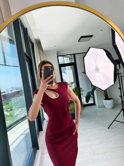 Bordo Tasarım Lüks Kalite Astarlı Taş Detaylı Kalem Elbise