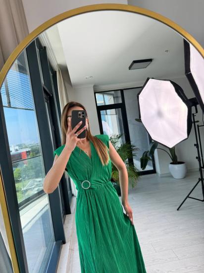 Yeşil Astarlı Bel Detaylı Piliseli Kumaş Elbise