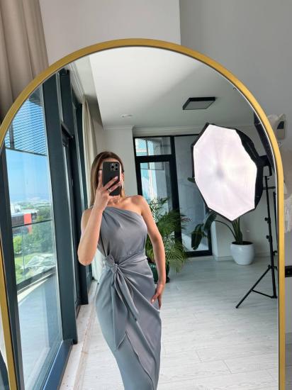 Gri Tek Kol Tok Saten Maria Elbise