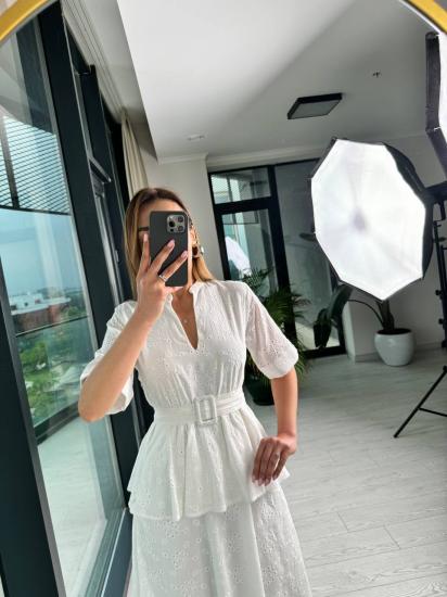 Lüks Kalite Etek Detaylı Astarlı Beyaz Fisto Elbise