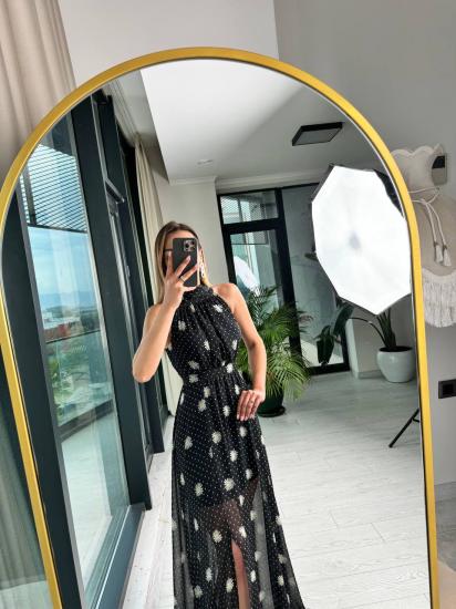 Şifon Papatya Desenli Astarlı Halter Yaka Elbise