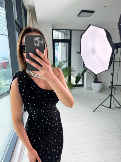 Siyah Puantiyeli Tek Kol Fiyonk Detay Krep Kumaş Kalem Elbise